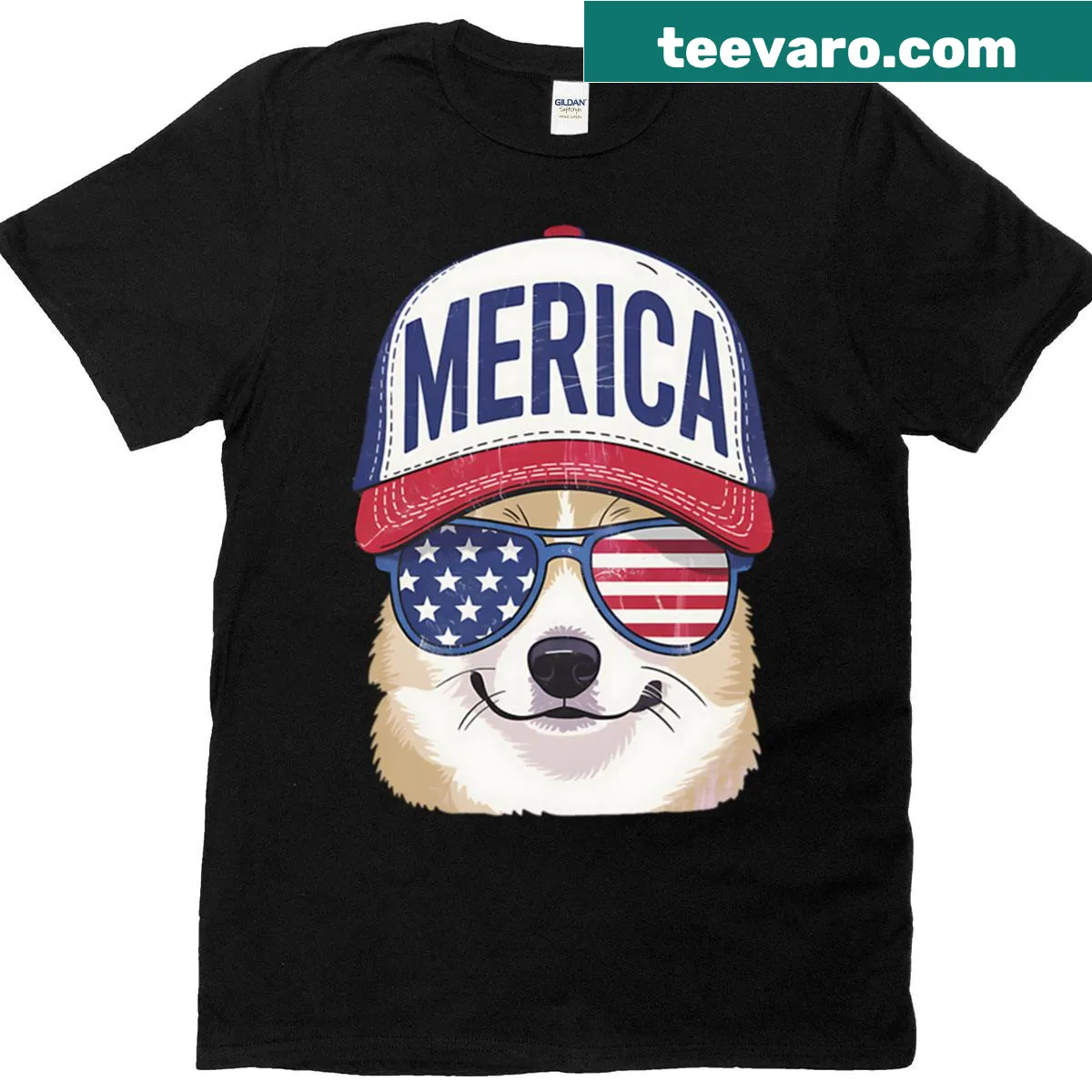 Corgi dog wearing sunglasses and a hat for Fourth of July — on a men's t-shirt