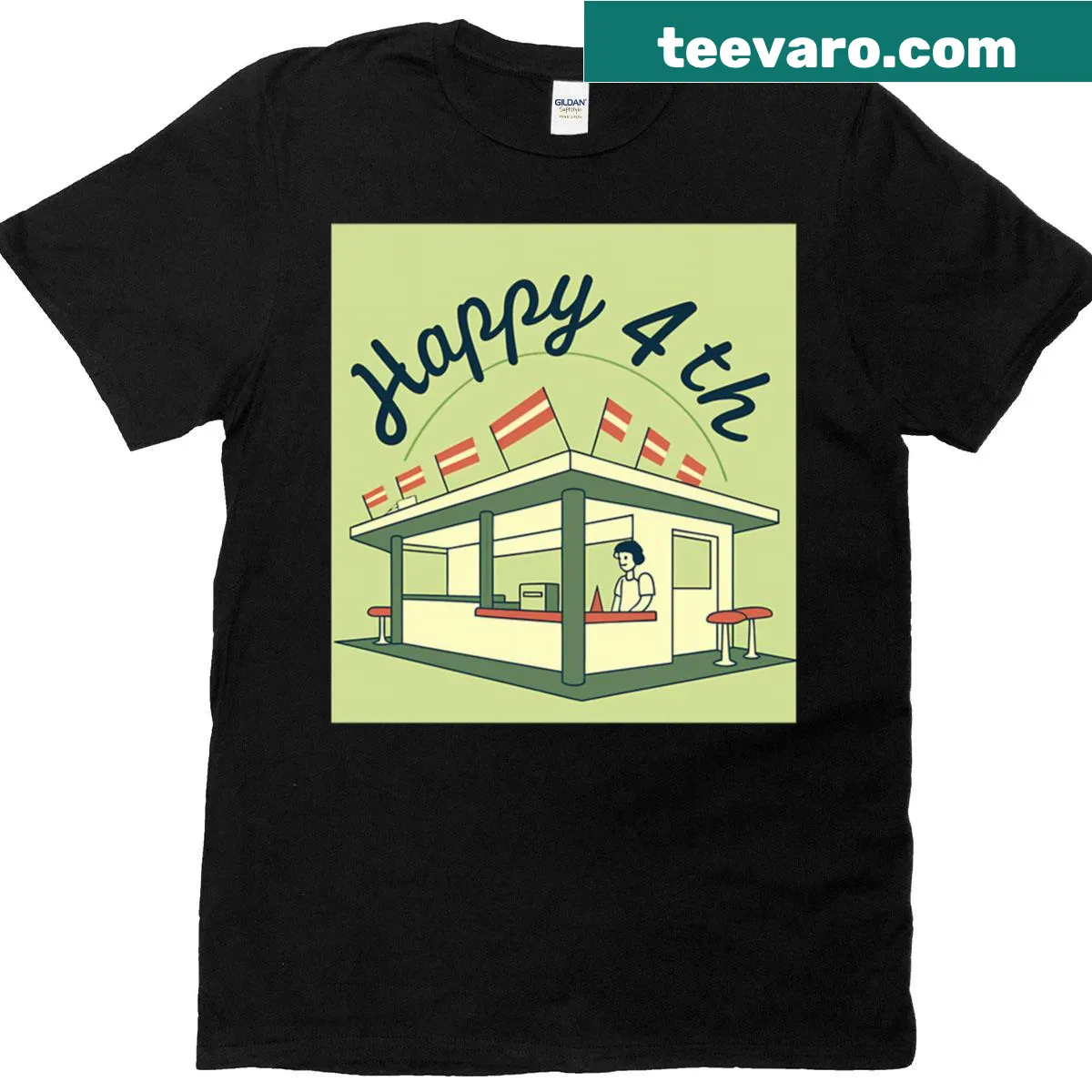 Minimalist hot dog stand graphic for Fourth of July T-shirt — on a men's t-shirt