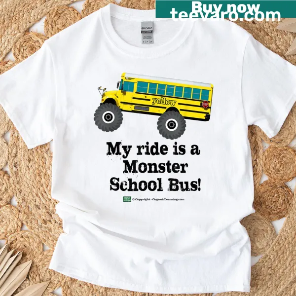 Whimsical monster school bus design on t-shirt