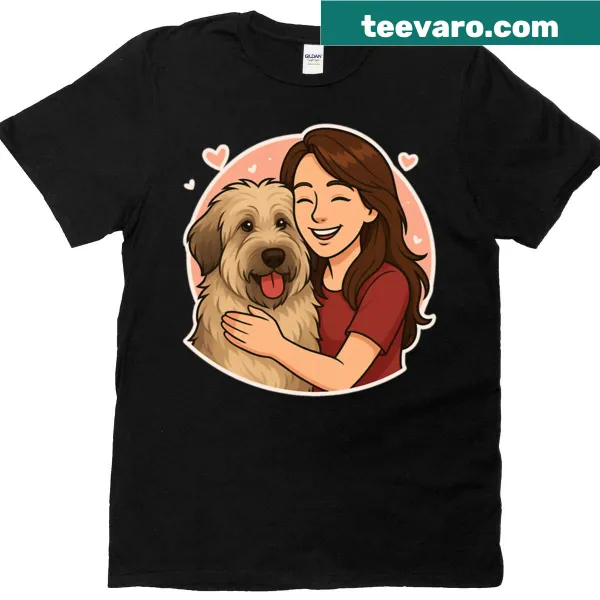 Cartoon woman with Catalan Sheepdog in mountain setting on t-shirt