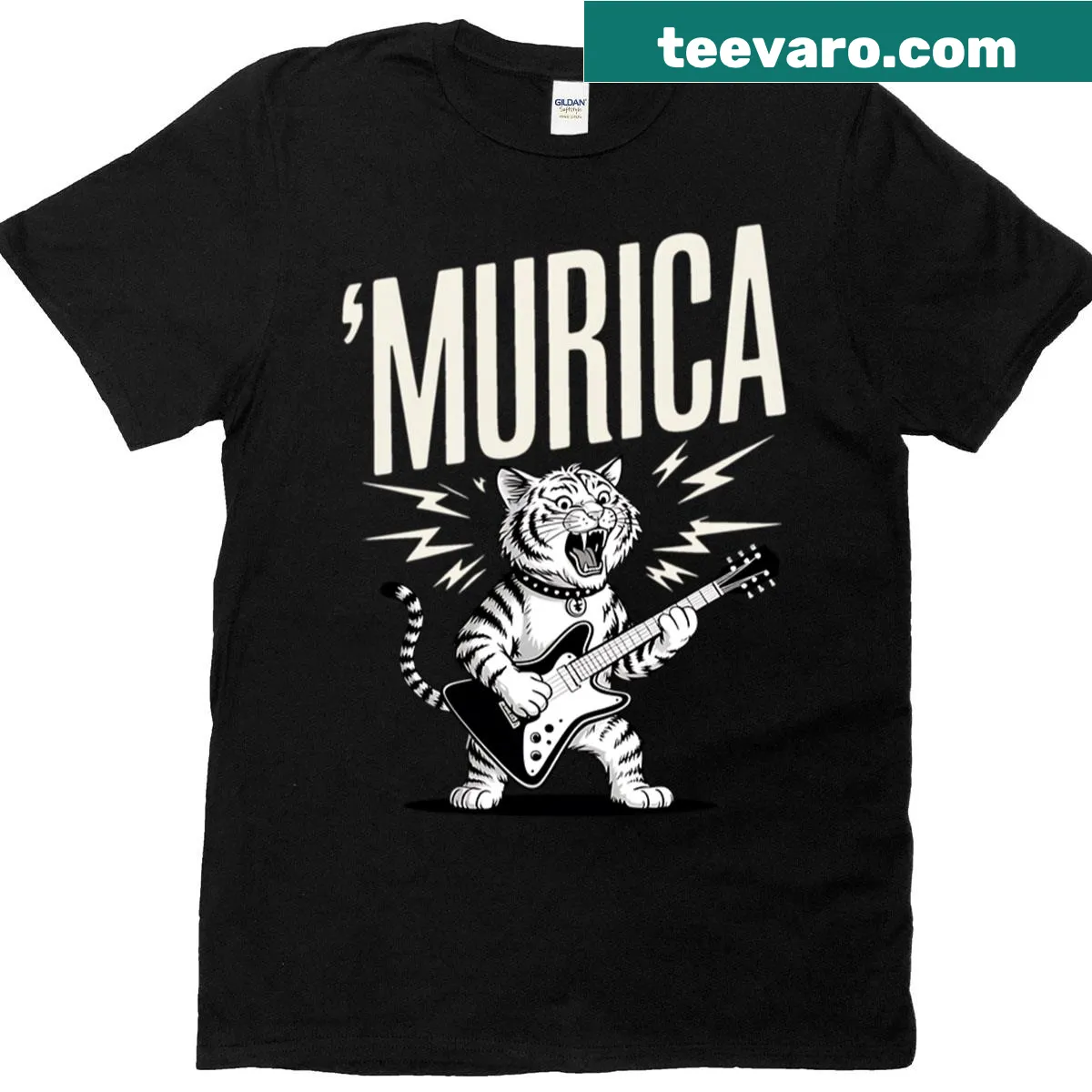 Rock star cat t-shirt with a cat playing guitar for Fourth of July — on a men's t-shirt