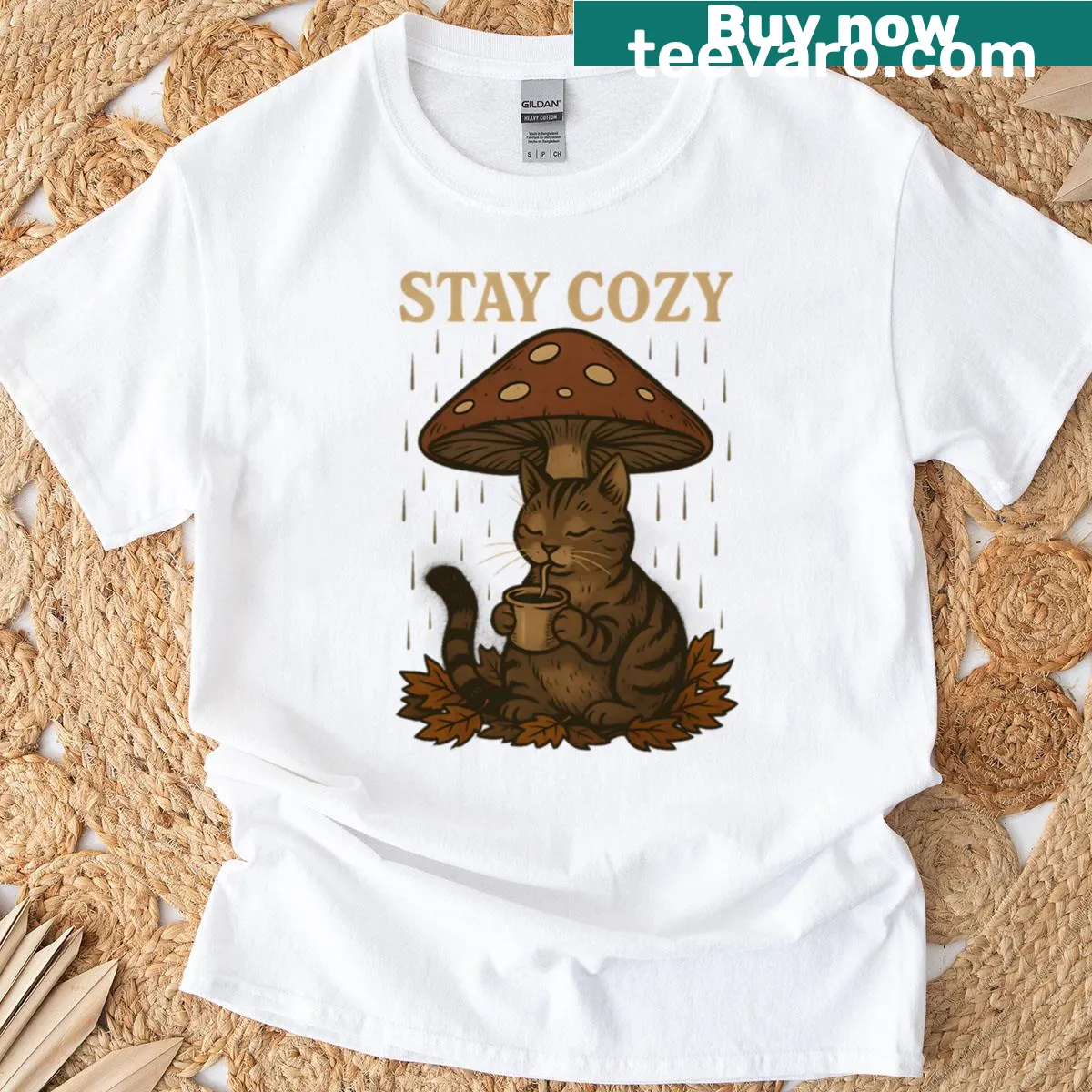 Whimsical cat with mushrooms in rain illustration on oversized T-shirt — on a men's t-shirt