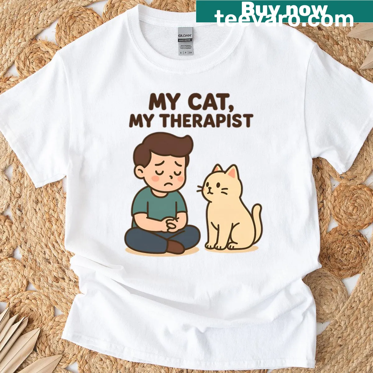 Kawaii t-shirt featuring a cat and therapist theme — on a men's t-shirt