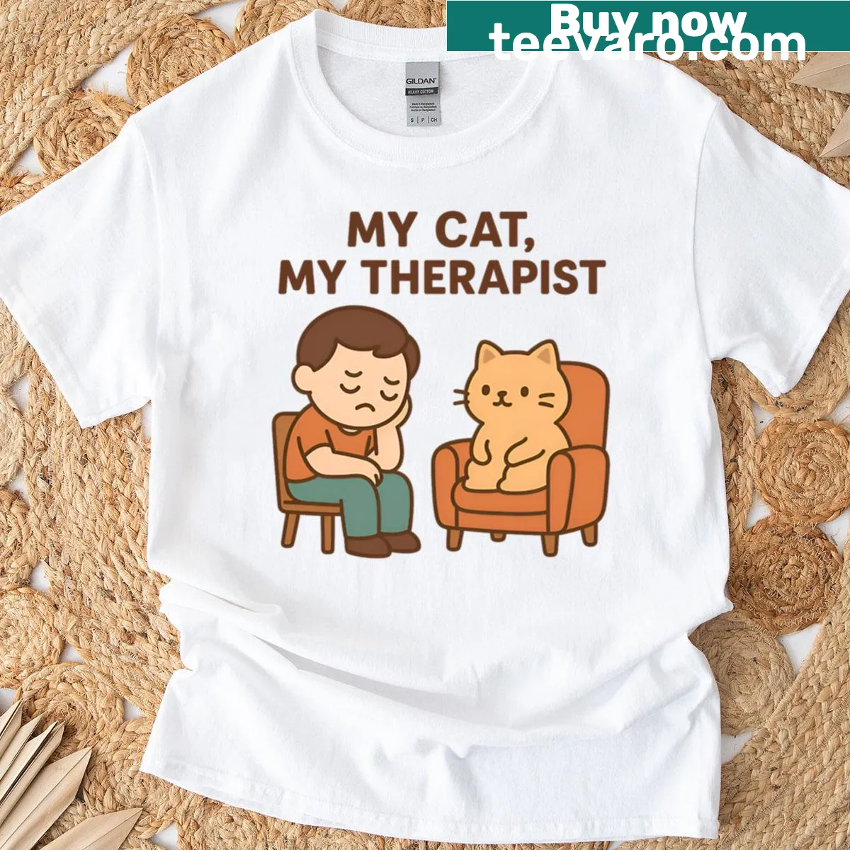 Kawaii t-shirt showing a cat and therapist design — on a men's t-shirt