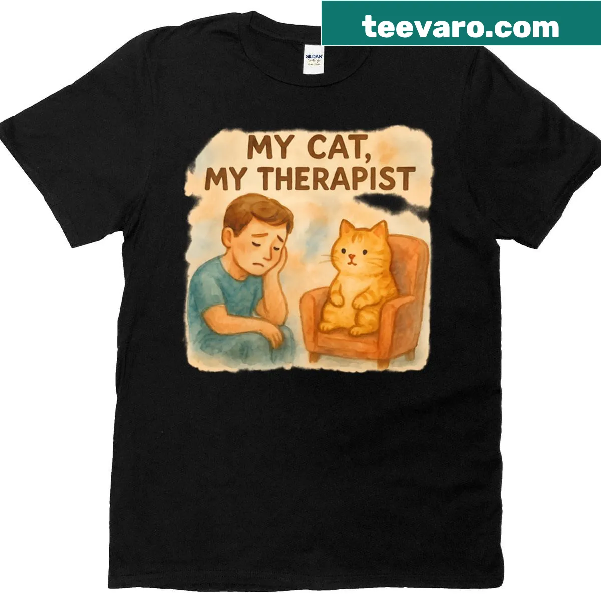 Watercolor t-shirt with the phrase 'My Cat My Therapist' — on a men's t-shirt