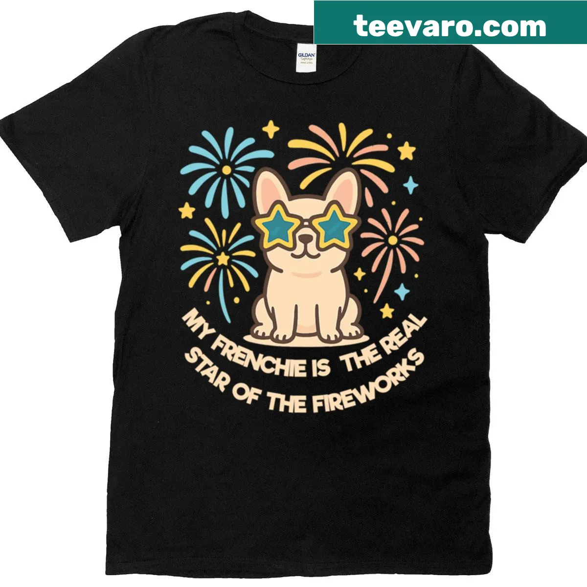 French Bulldog graphic with fireworks on a t-shirt — on a men's t-shirt