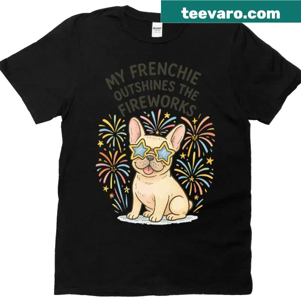 Illustration of a French bulldog with fireworks on a t-shirt