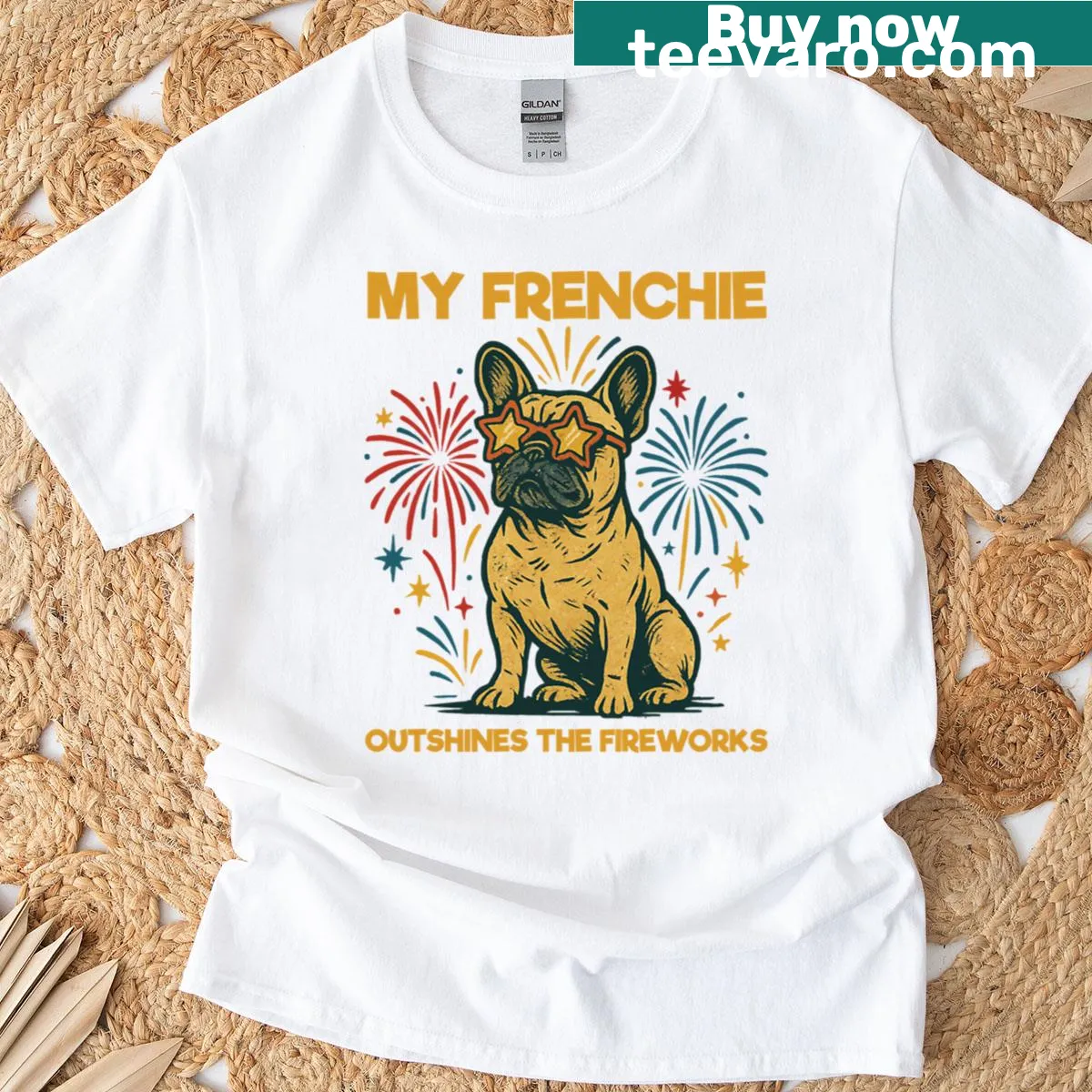 French Bulldog illustration on a patriotic T-shirt with fireworks — on a men's t-shirt