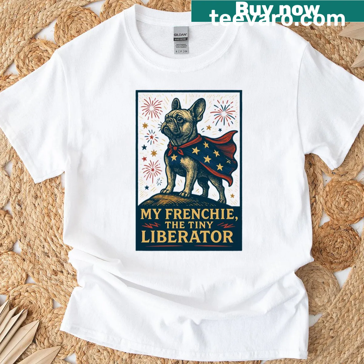 Funny text about a French Bulldog as a tiny liberator — on a men's t-shirt