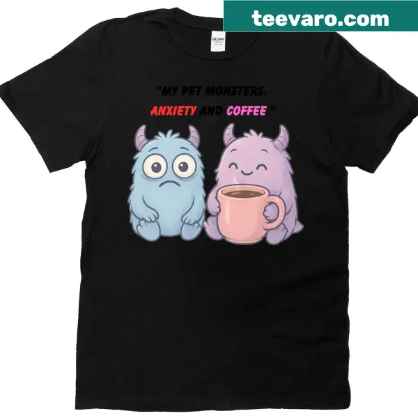 Oversized t-shirt with cute monsters and coffee design for anxiety