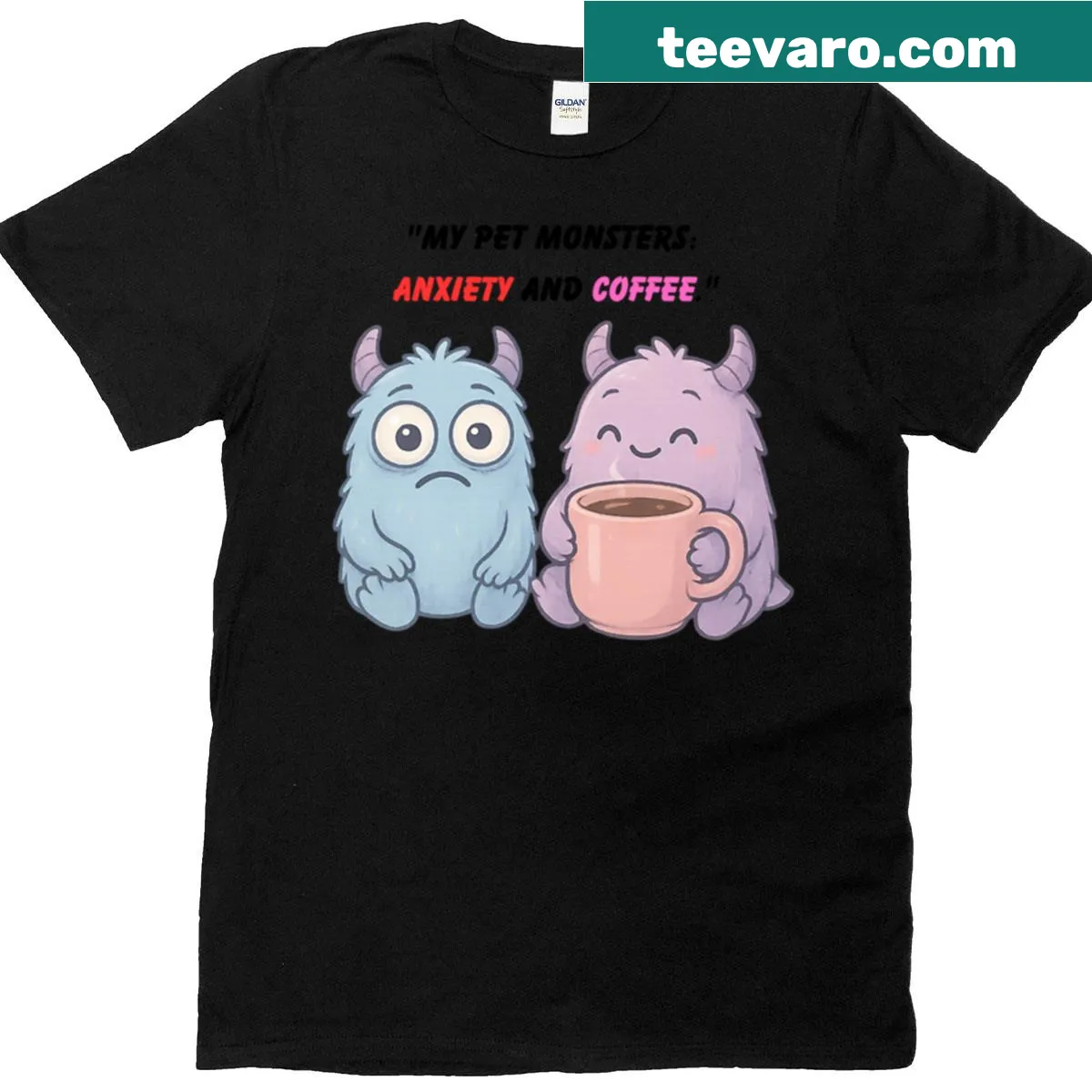 Oversized t-shirt with cute monsters and coffee design for anxiety — on a men's t-shirt