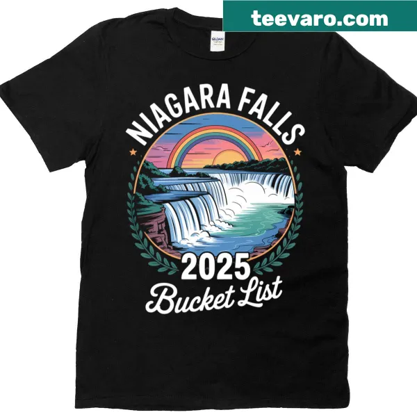 T-shirt with text 'Niagara Falls Bucket List 2025' for family trips.