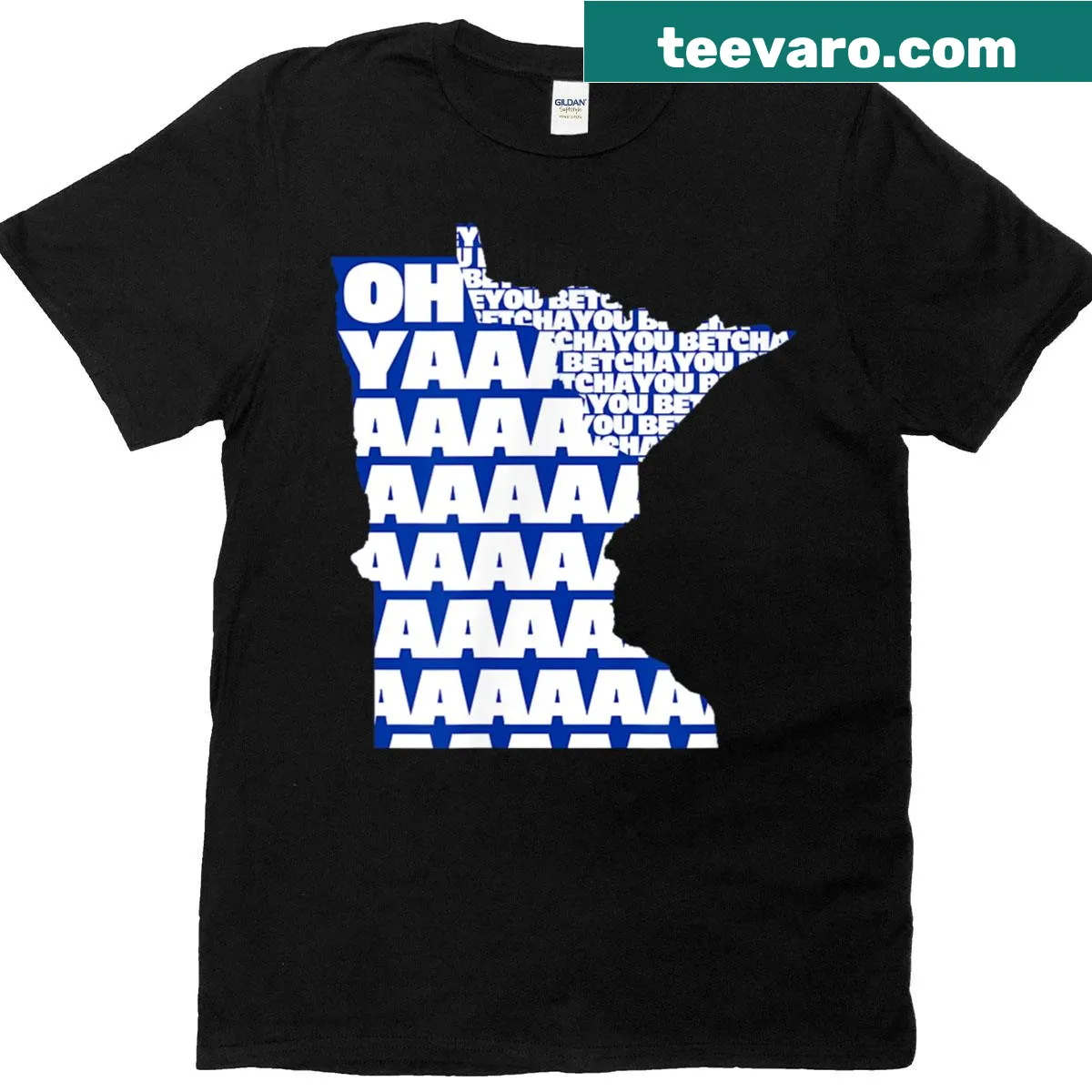 Minnesota-themed T-shirt with the phrase 'Oh Ya You Betcha' in blue and white — on a men's t-shirt