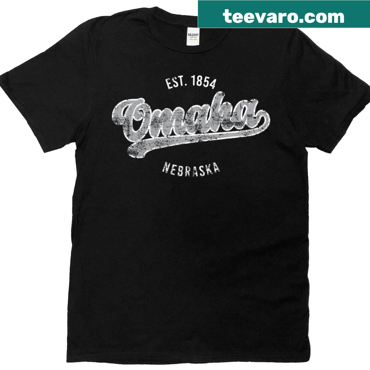 Distressed Omaha Nebraska Established 1854 graphic t-shirt — on a men's t-shirt