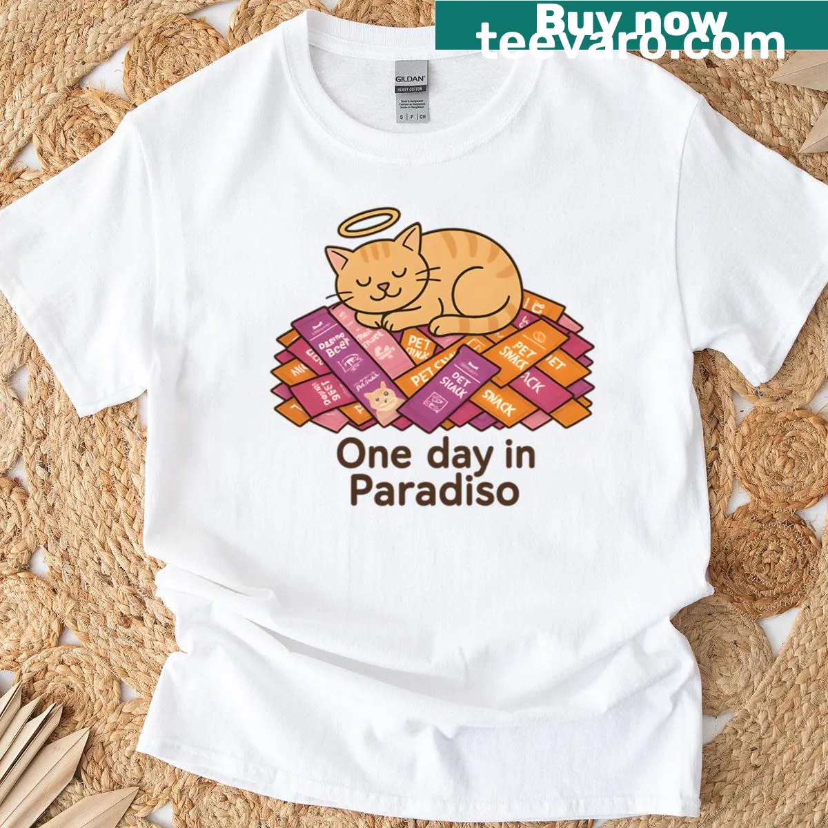 Cute cat with a halo in heaven illustration — on a men's t-shirt