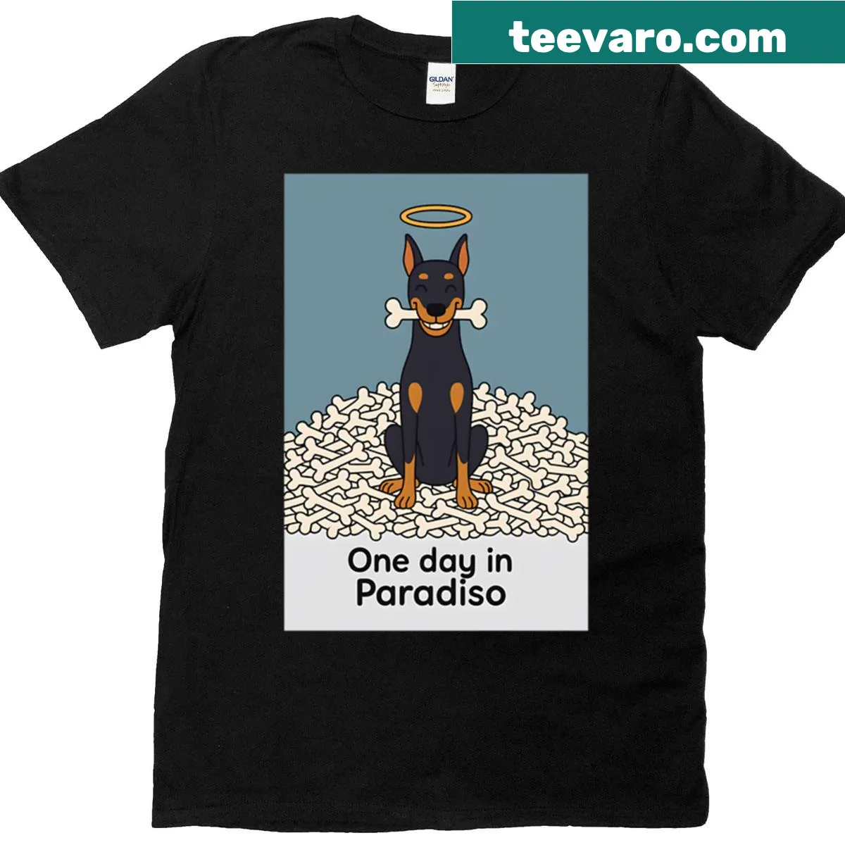 Cute T-shirt featuring a Doberman sitting on bones — on a men's t-shirt