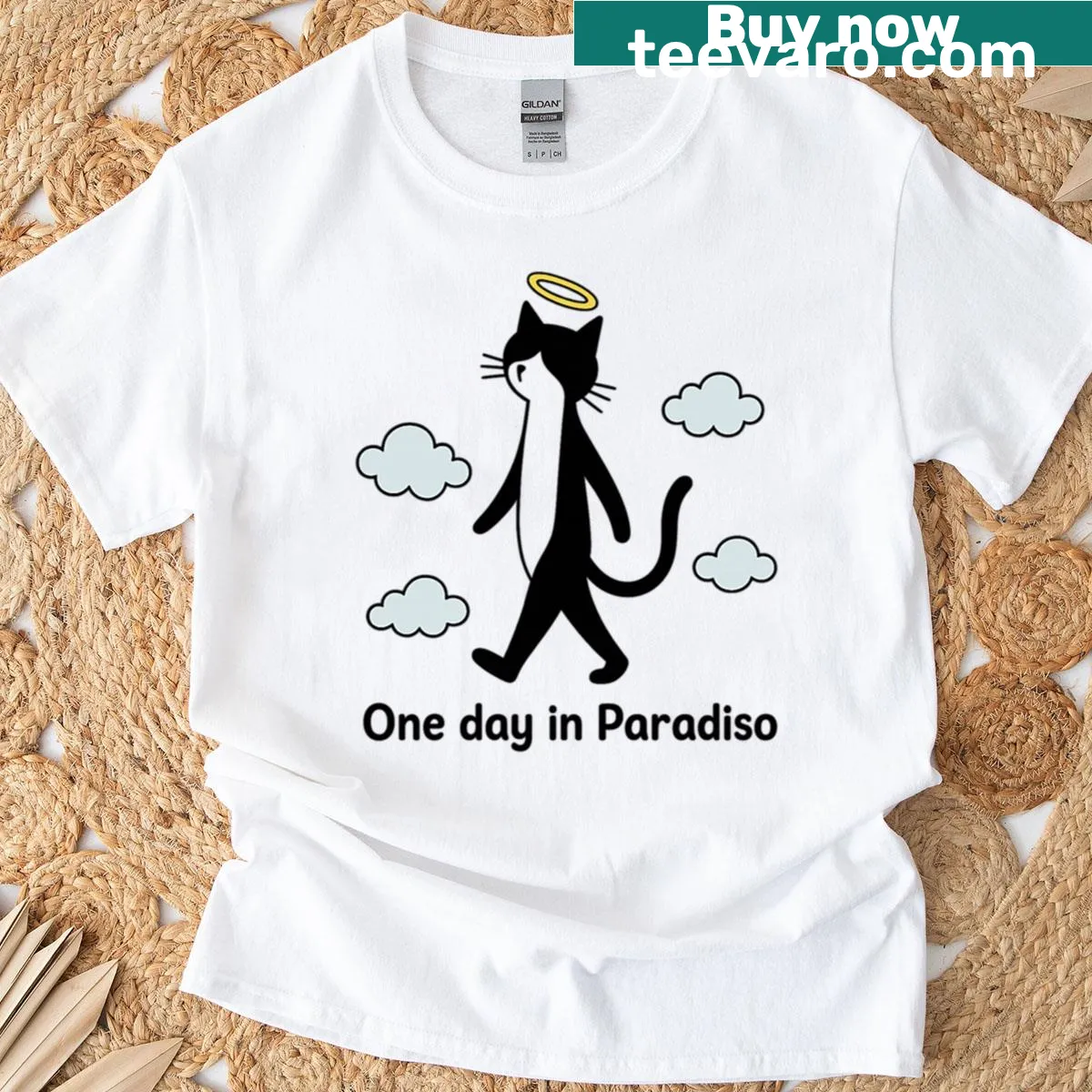Funny angel cat design walking in heaven — on a men's t-shirt