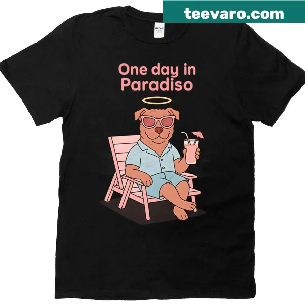Cartoon T-shirt featuring a happy pitbull enjoying a beach day