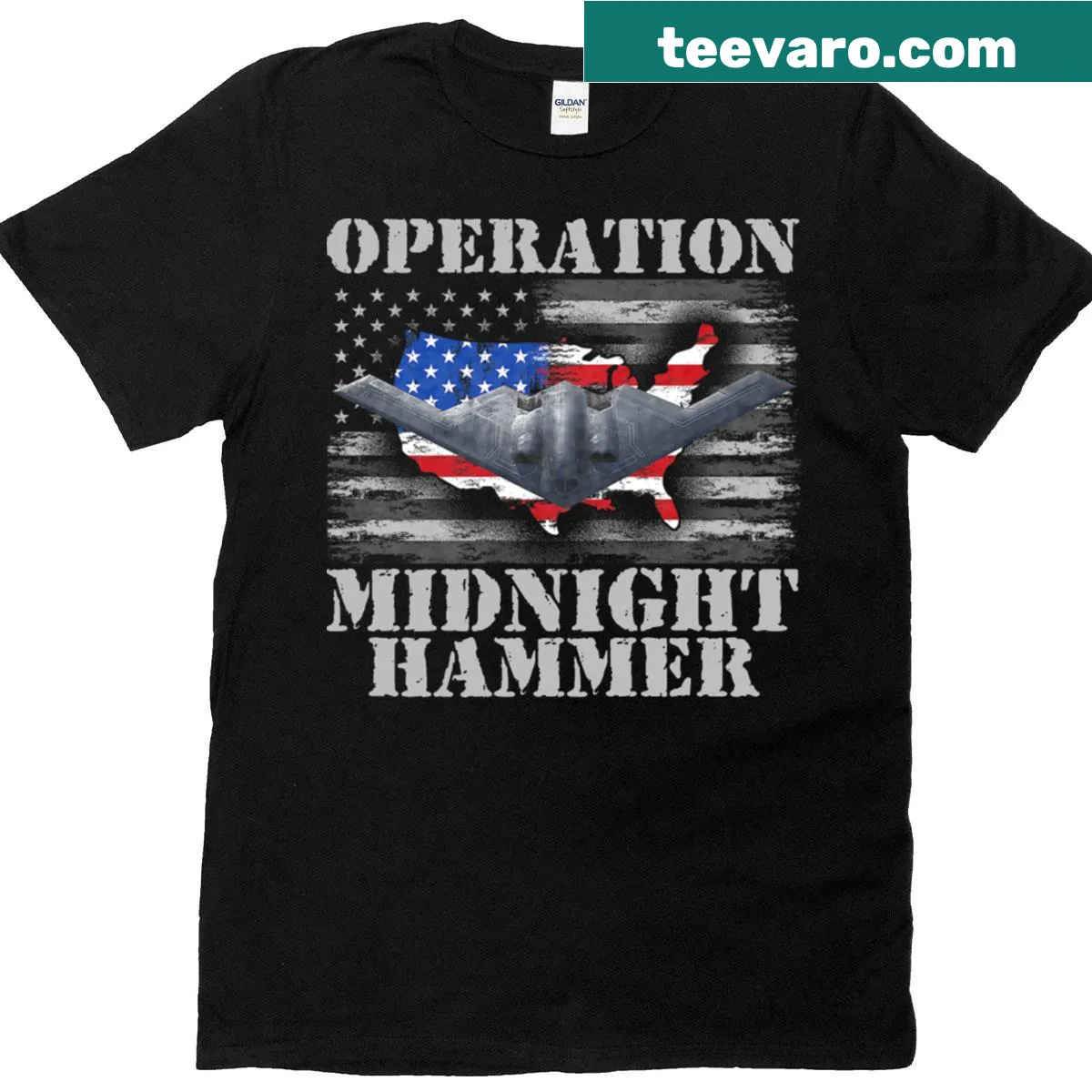T-shirt featuring the US flag and 'Operation Midnight Hammer' text — on a men's t-shirt