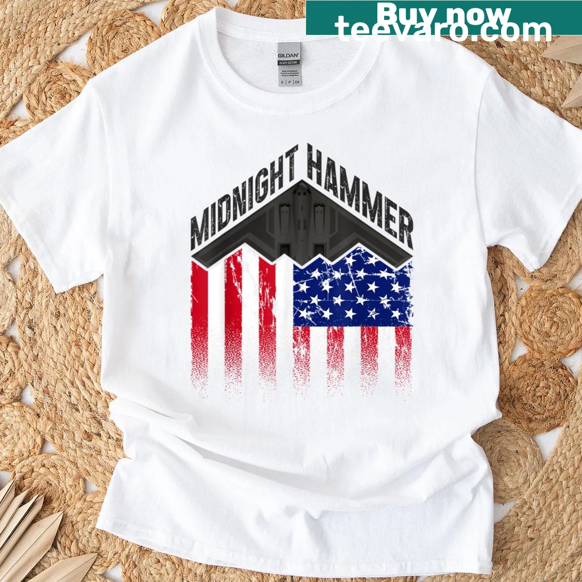 Patriotic t-shirt with USA flag and Operation Midnight Hammer graphic — on a men's t-shirt