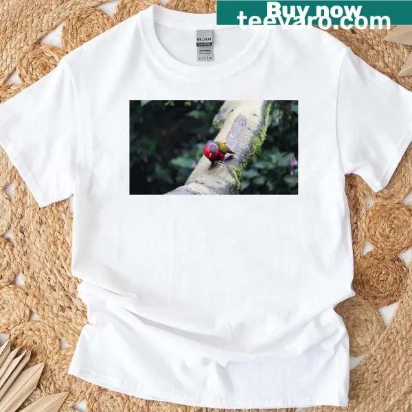 Illustrated parrot graphic on a nature-themed t-shirt