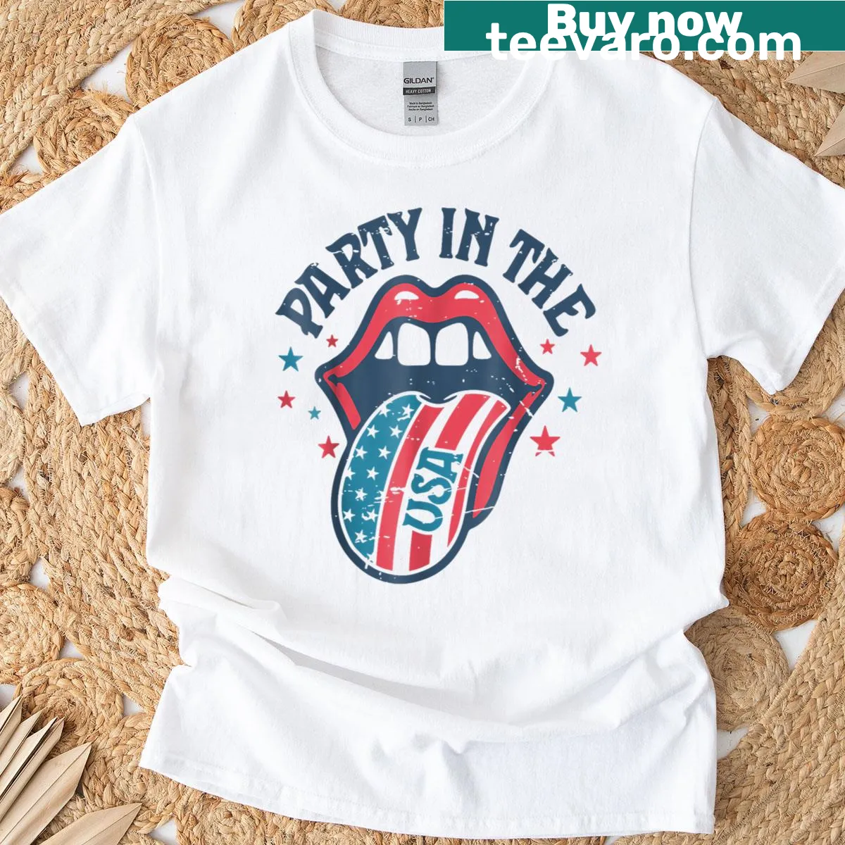 Retro Fourth of July t-shirt with flag and tongue graphic — on a men's t-shirt
