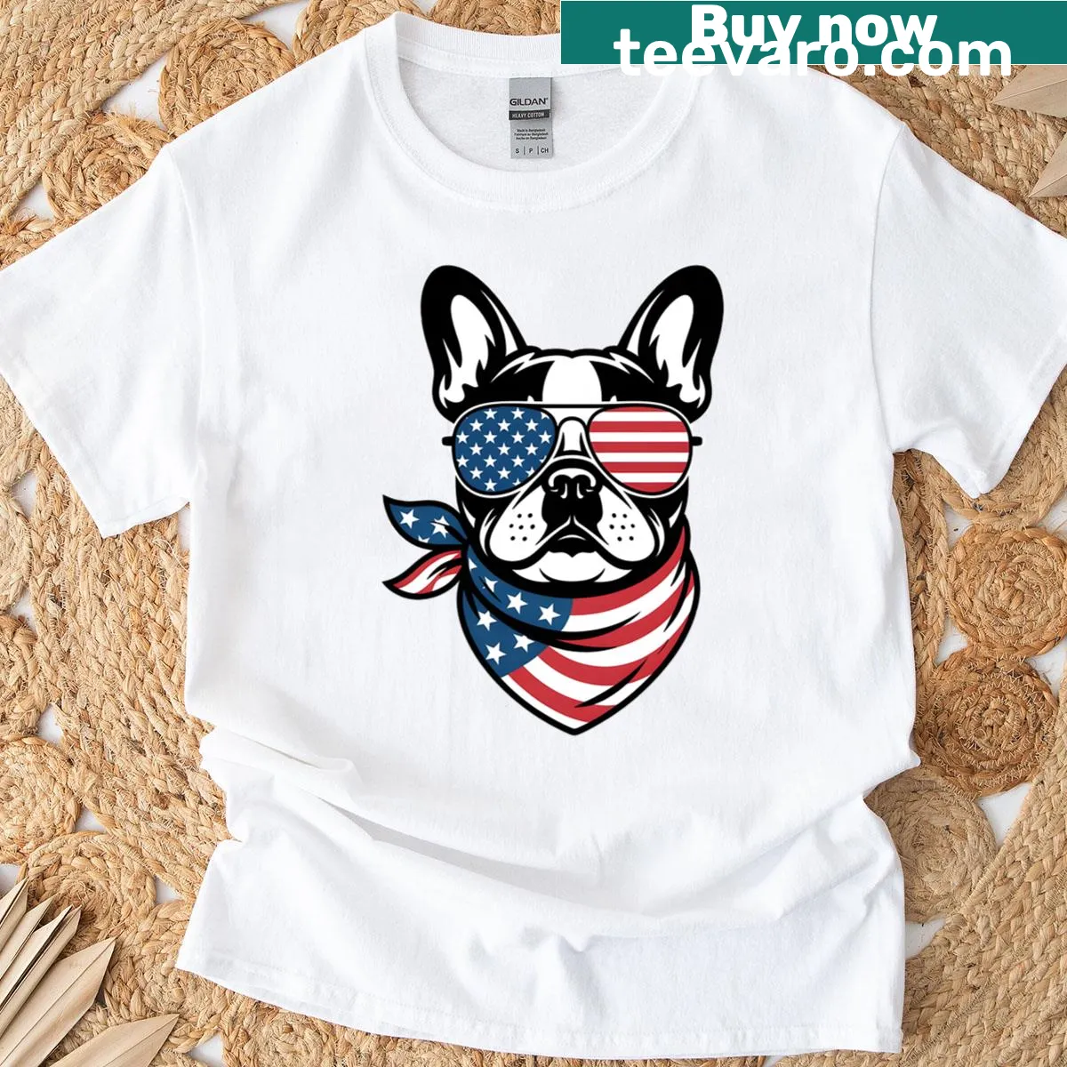 Patriotic bulldog graphic T-shirt with USA flag glasses and bandana — on a men's t-shirt