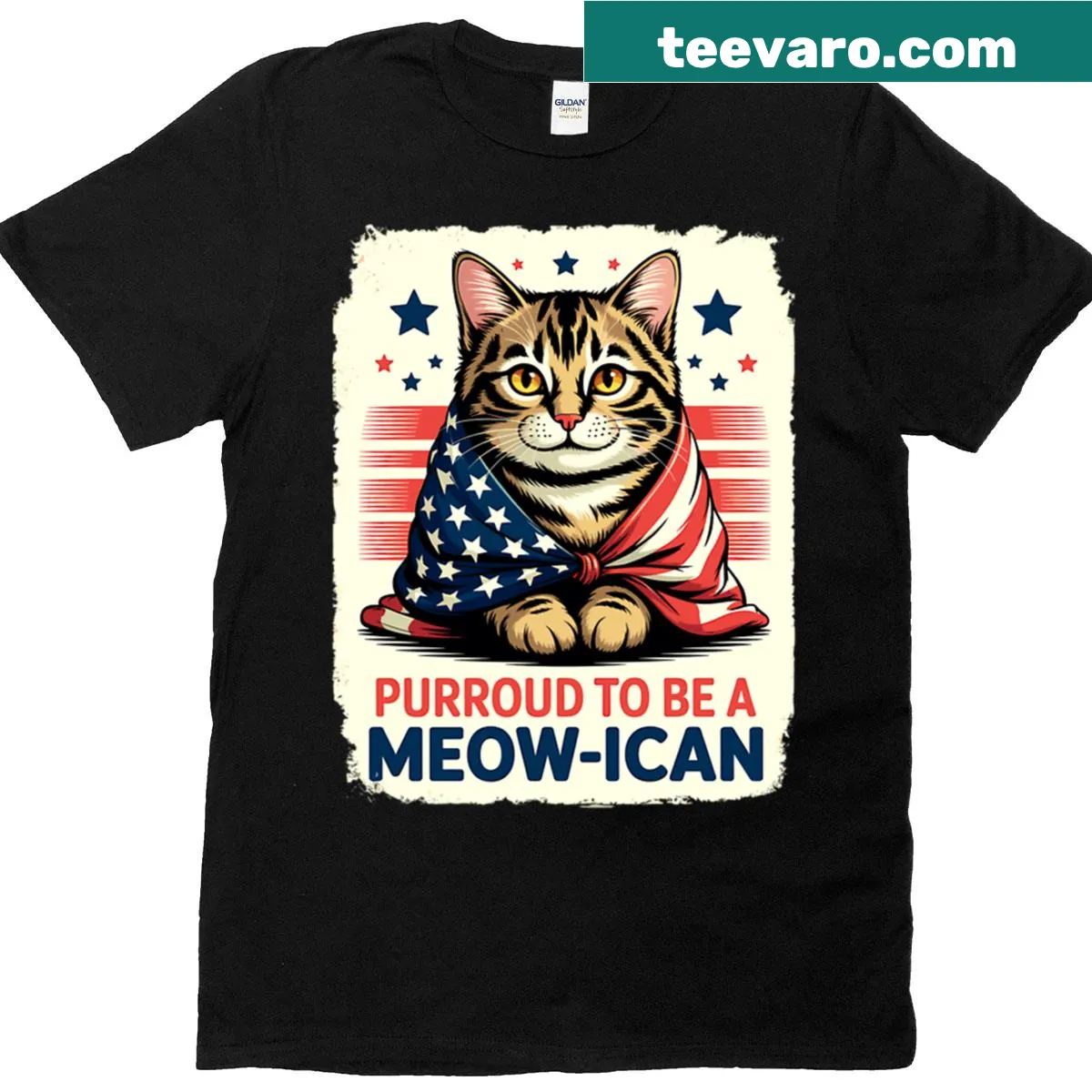 Funny oversized T-shirt with a cat and patriotic message — on a men's t-shirt