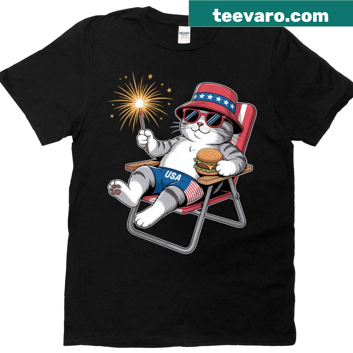Patriotic cat with sparkler design on an oversized T-shirt — on a men's t-shirt