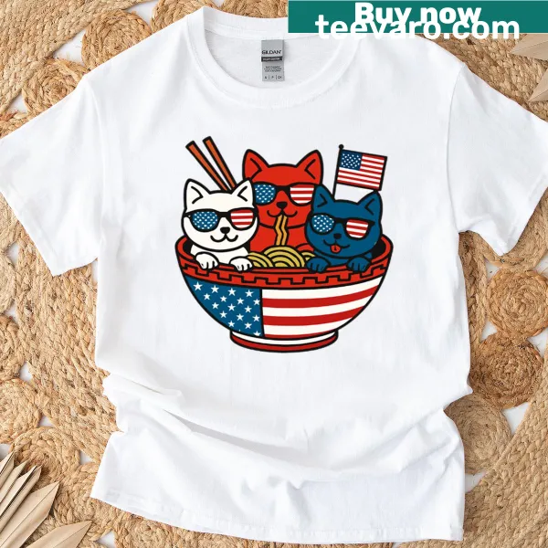 Cartoon cats slurping ramen with a patriotic theme on a T-shirt