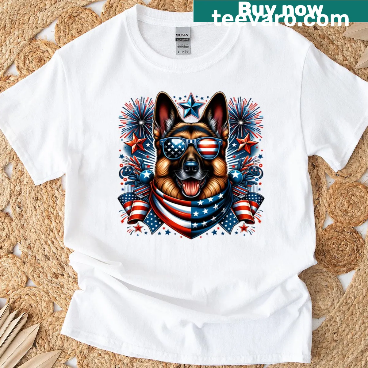 Patriotic German Shepherd art for 4th of July — on a men's t-shirt