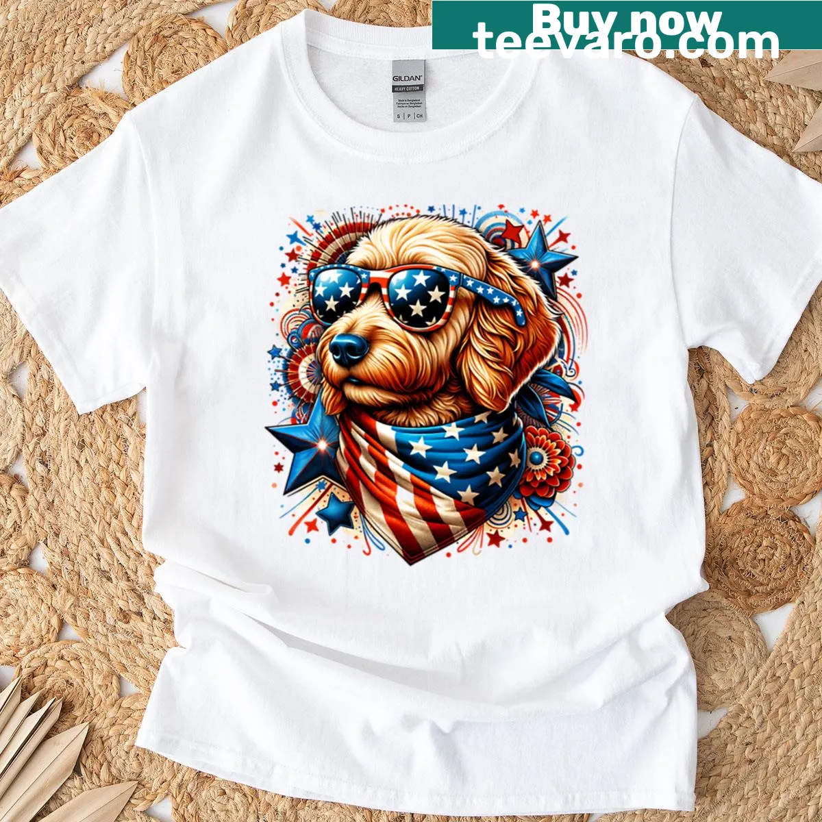 Golden Doodle celebrating 4th of July — on a men's t-shirt