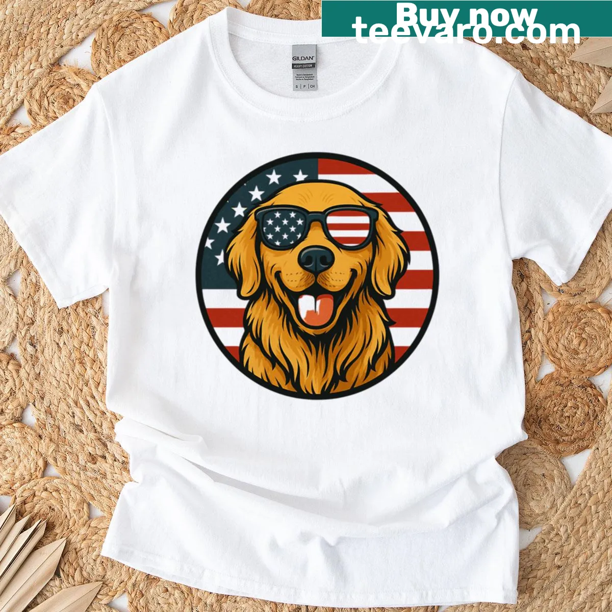 Illustration of a golden retriever with a patriotic theme on a T-shirt — on a men's t-shirt