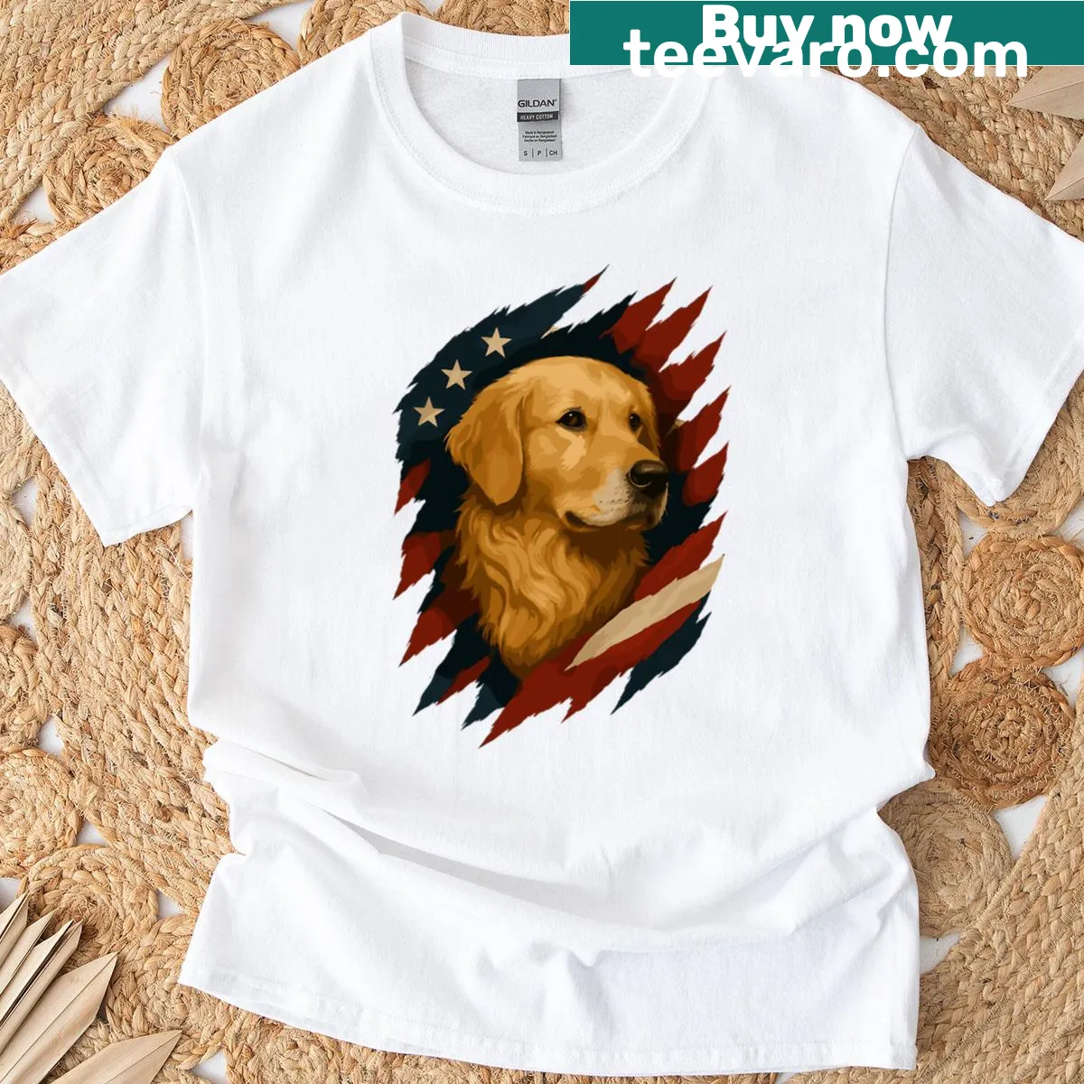 Golden Retriever graphic with American flag claws on T-shirt — on a men's t-shirt