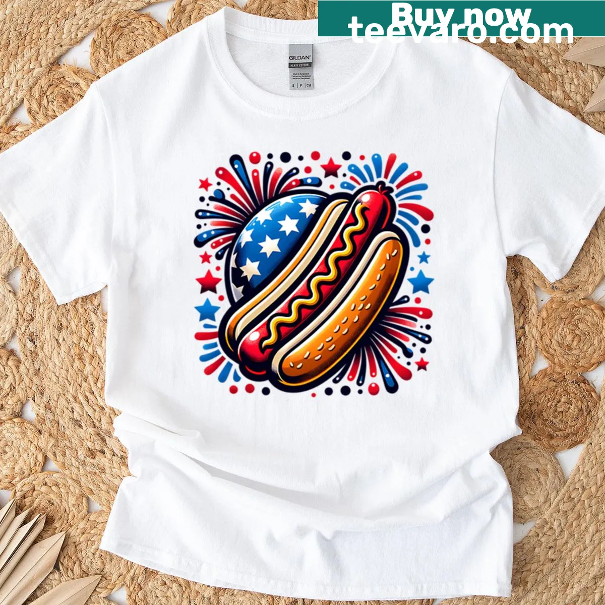 Funny 4th of July hot dog illustration on t-shirt — on a men's t-shirt