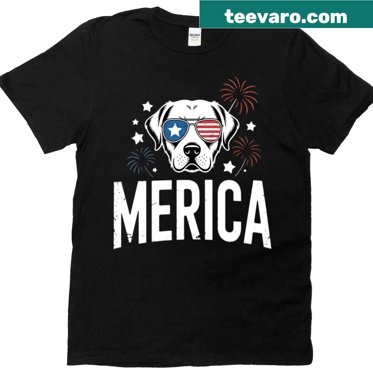 Patriotic T-shirt featuring a Labrador Retriever with the US flag. — on a men's t-shirt
