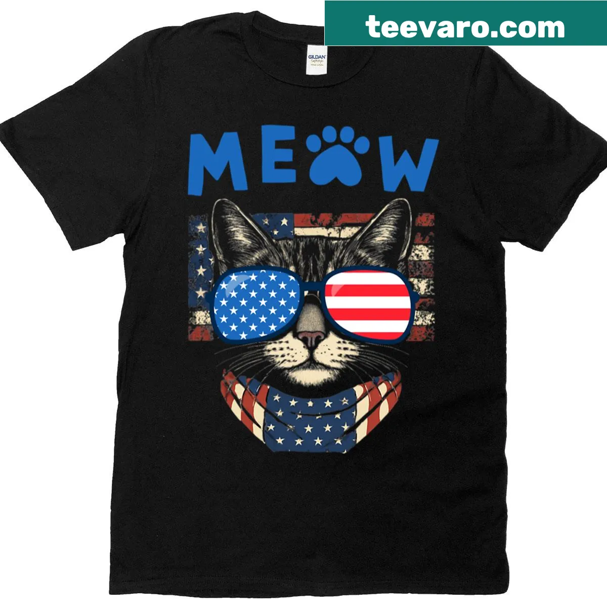 Whimsical cat in stars and stripes for July 4th celebration — on a men's t-shirt