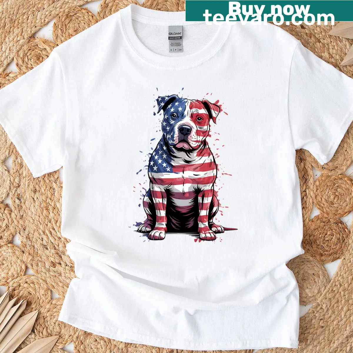 Patriotic pitbull with American flag on t-shirt — on a men's t-shirt