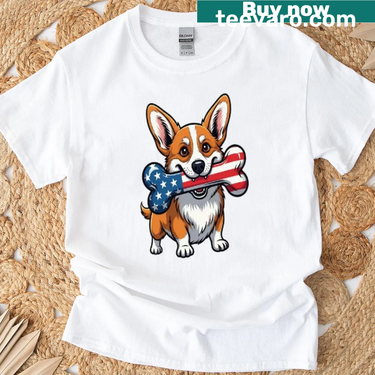Patriotic pup design with red, white, and blue bone — on a men's t-shirt