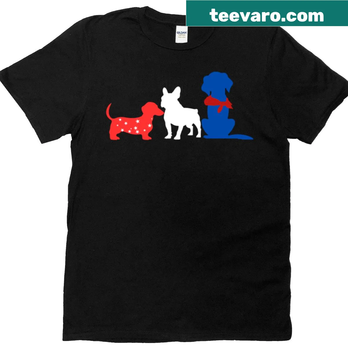Trio of patriotic dogs in red, white, and blue on a T-shirt — on a men's t-shirt