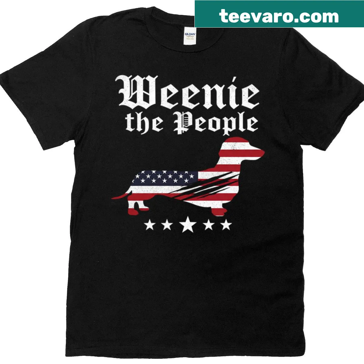 Illustrated dachshund wrapped in an American flag on a T-shirt — on a men's t-shirt