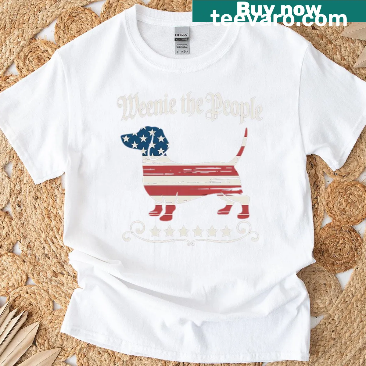 Illustrated dachshund with stars and stripes and text on t-shirt — on a men's t-shirt