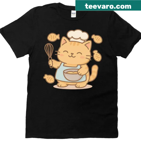 Cartoon cat chef baking cookies with fun kitchen tools