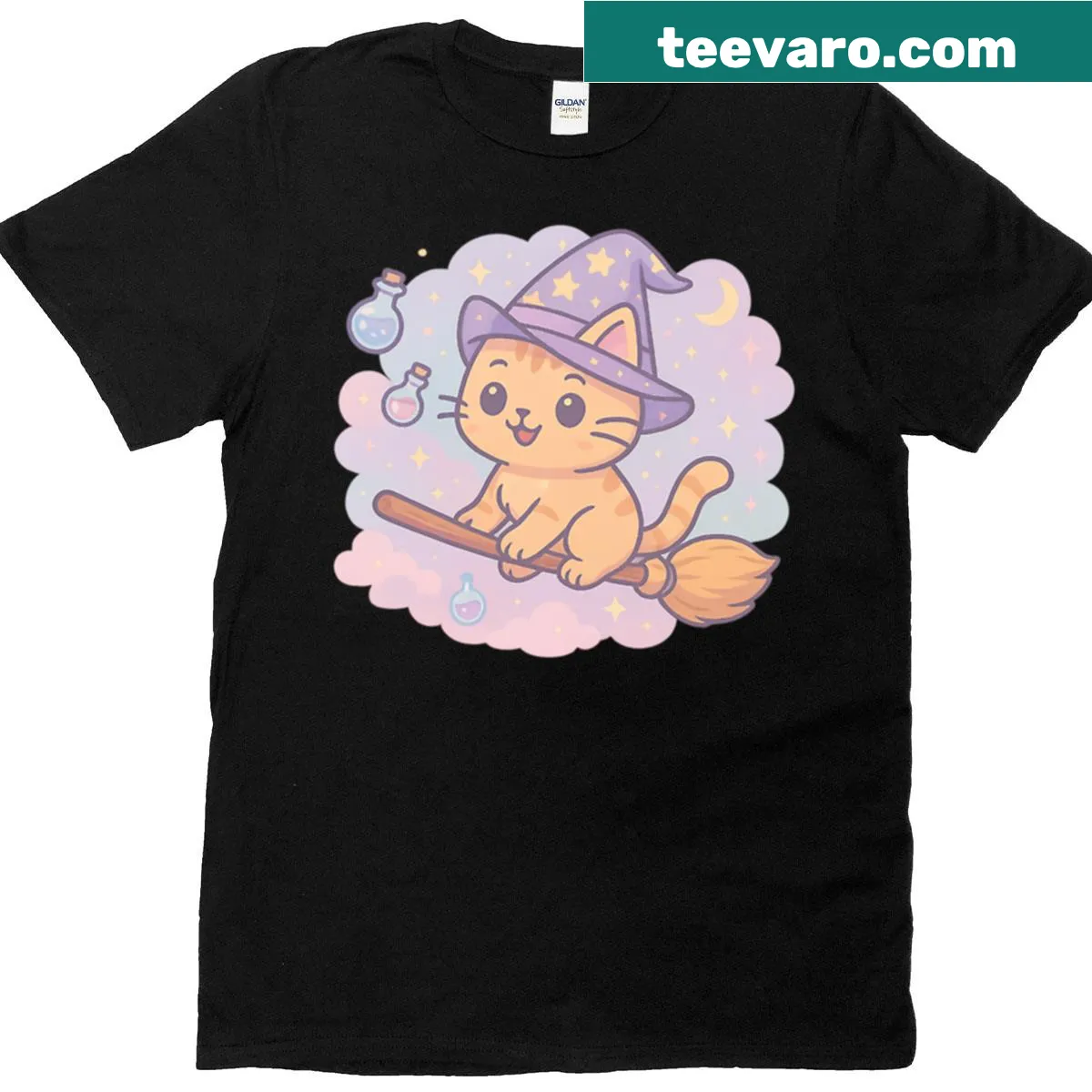 Whimsical witch cat graphic with a spellbook on a T-shirt — on a men's t-shirt
