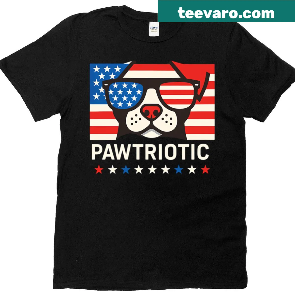 Funny dog with American flag graphic on a T-shirt — on a men's t-shirt