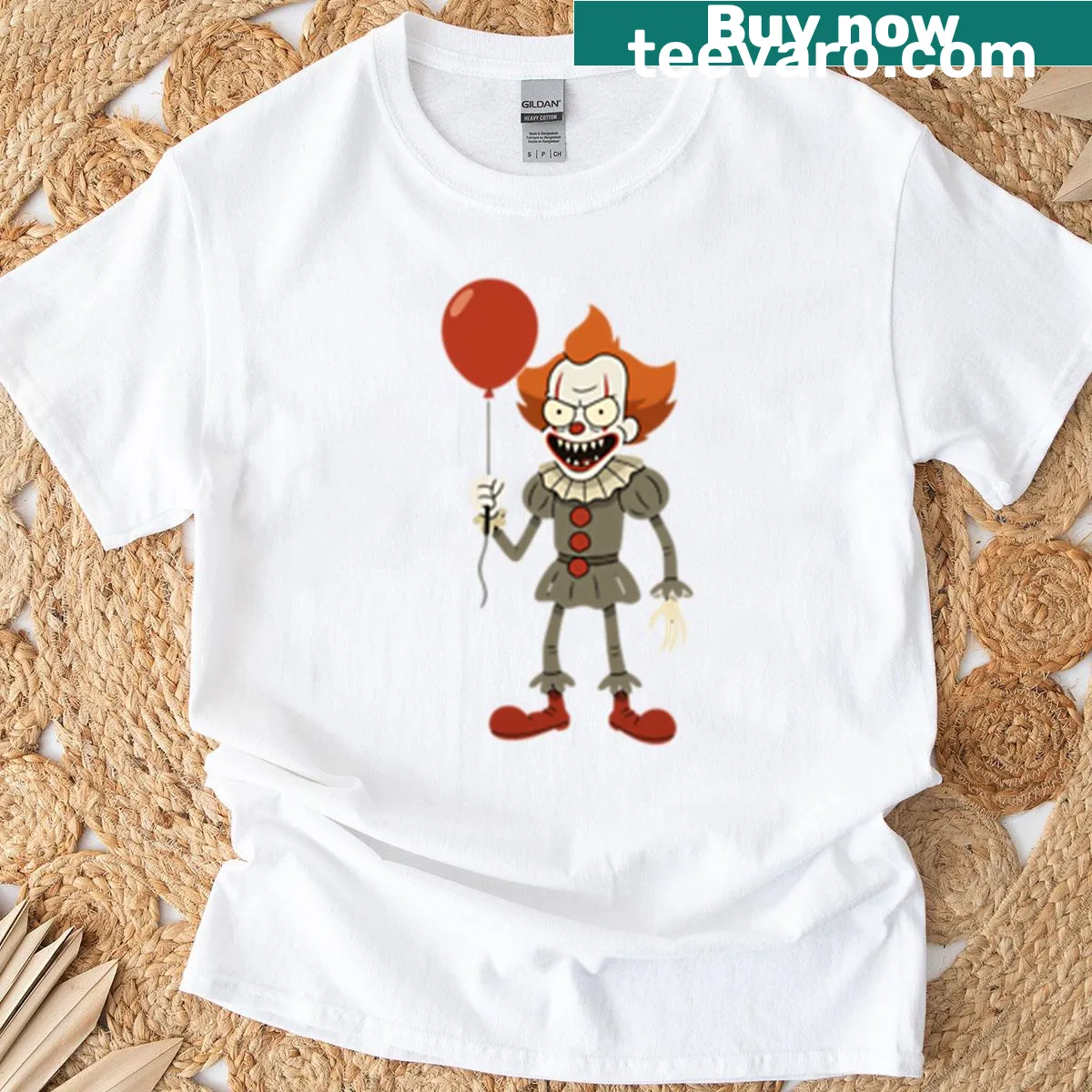 Pennywise character reimagined in Rick and Morty style T-shirt — on a men's t-shirt