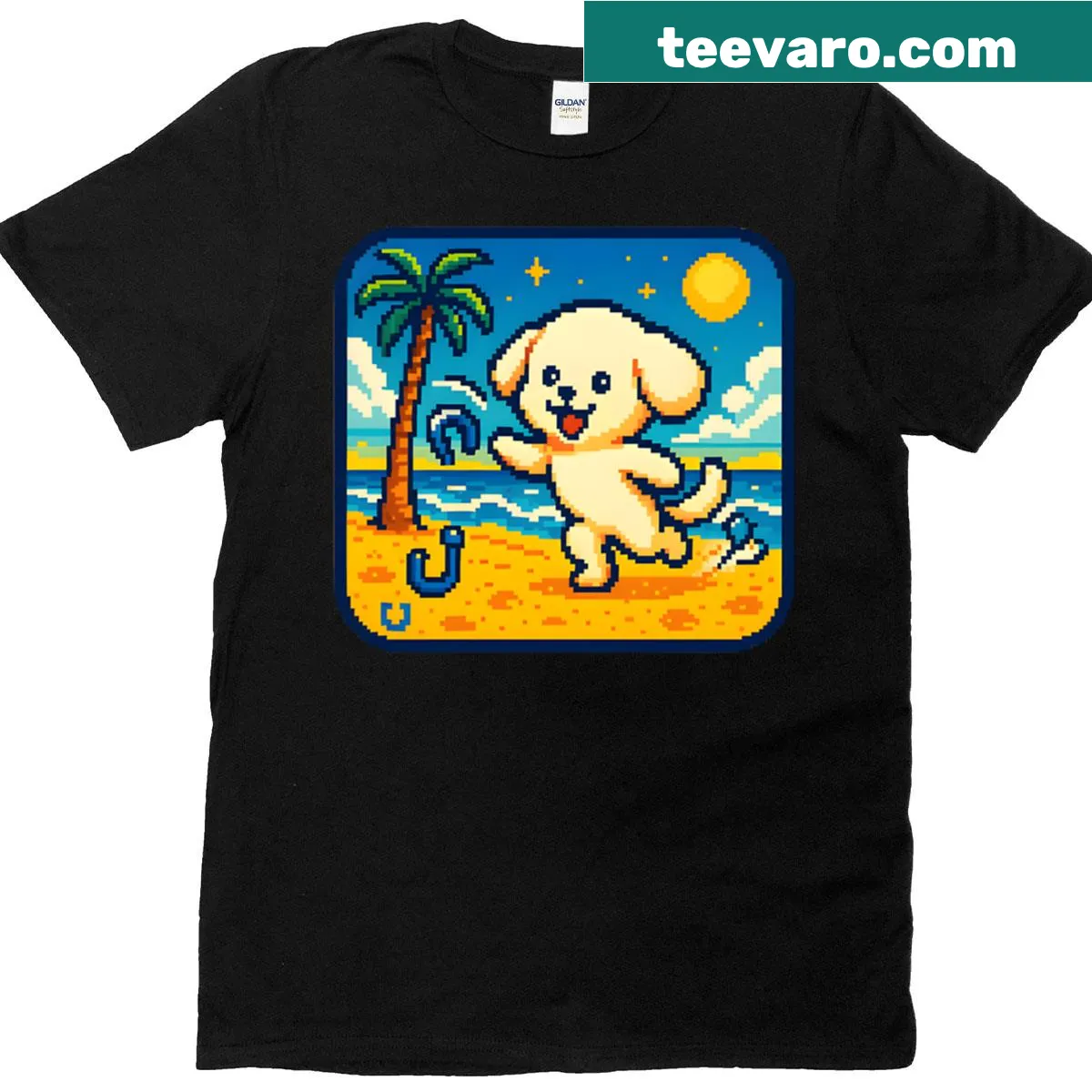 Retro oversized T-shirt featuring a Bichon Frise at the beach — on a men's t-shirt