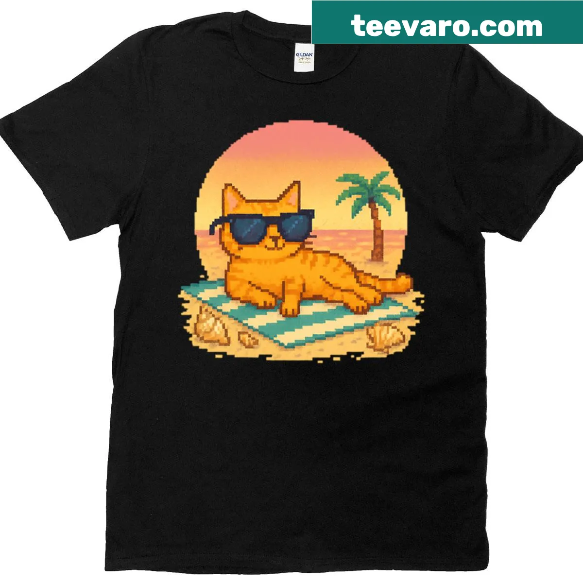 Retro oversized T-shirt with a cat at sunset beach — on a men's t-shirt