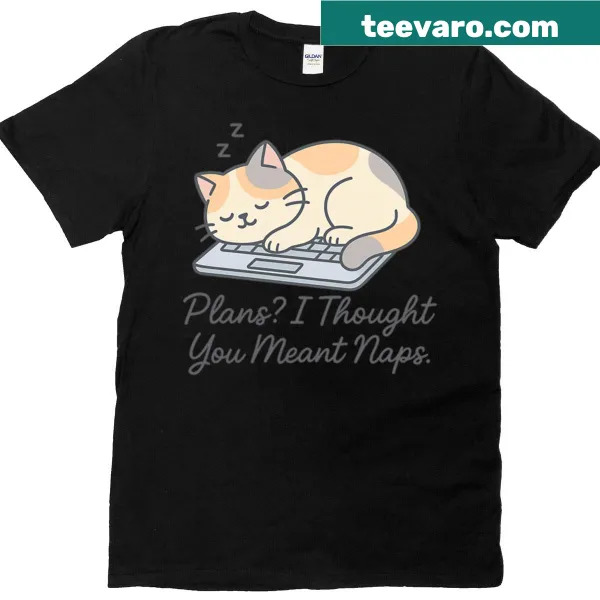 Funny cat-themed t-shirt with a humorous text graphic about naps