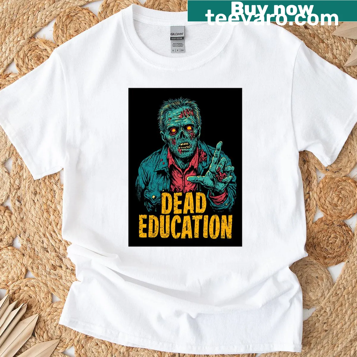 Pop art t-shirt with a ghoul saying 'Finished with homework!' — on a men's t-shirt